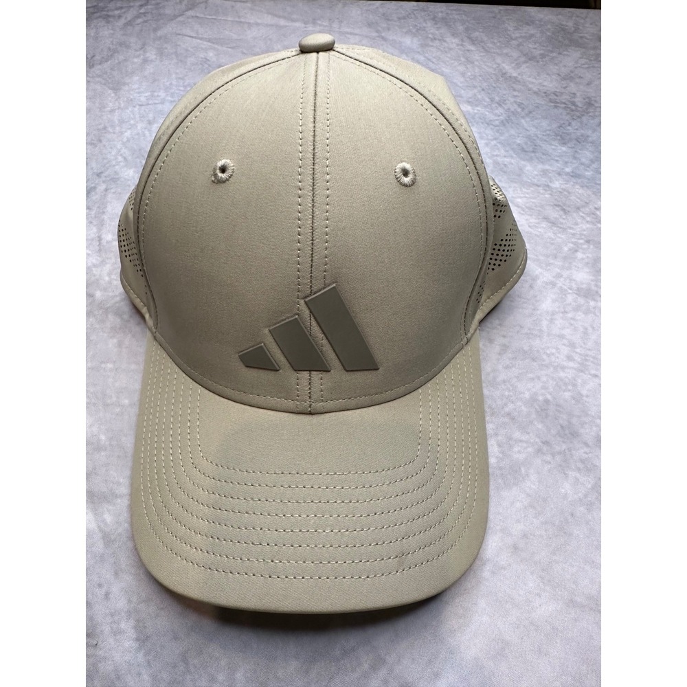 Adidas Men Khaki Tan Performance Baseball Cap Hat S/M Rubber Logo Golf Training
